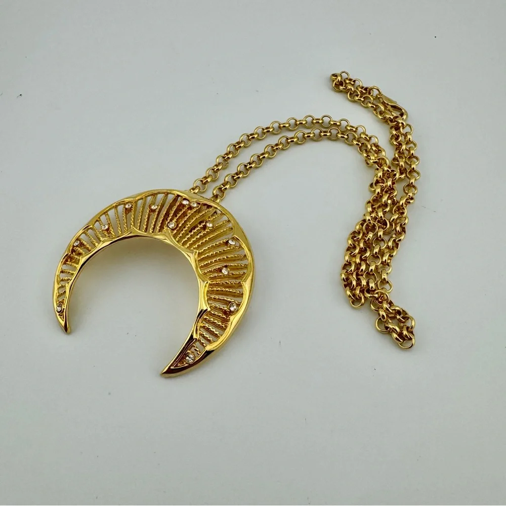 Sparkling Gold Tone Crescent Moon Pendant Necklace | Celestial | Statement - Picture 5 of 11